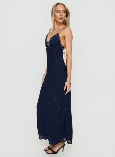 Alvera Fringe Beaded Maxi Dress Navy
