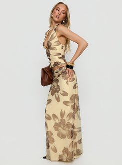   side view of model wearing Princess Polly Roselin Mesh Maxi Skirt Brown Floral Maxi Skirts 