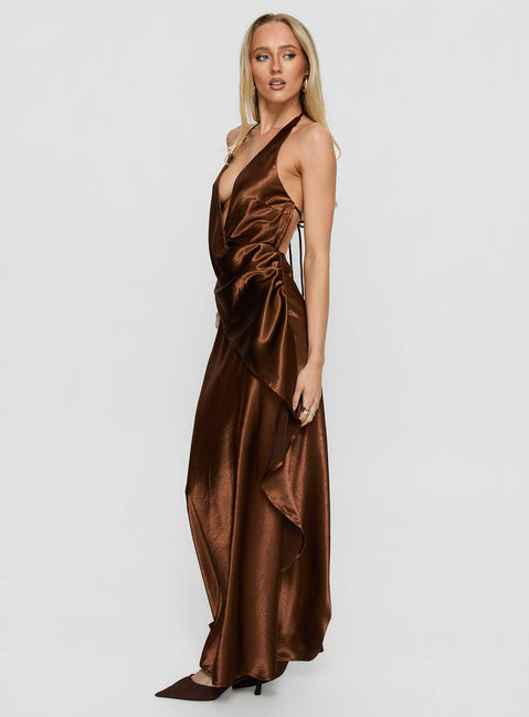 Annissa Plunge Halter Maxi Dress Dark Brown