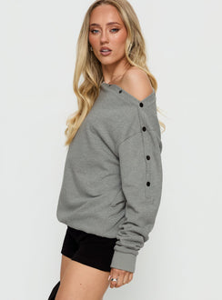 side view of model wearing Princess Polly Hazle Stud Detail Off Shoulder Jumper Grey Longline Jumpers 