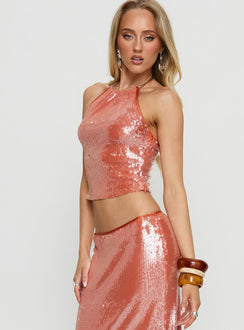 Emalia Halter Sheer Sequin Top Orange