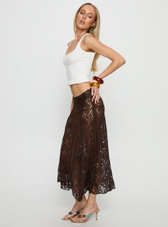   side view of model wearing Princess Polly Tidal Midi Skirt Chocolate 