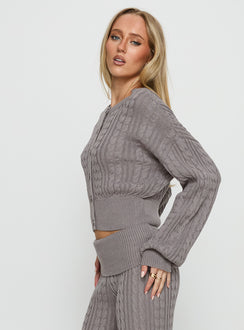 side view of model wearing Princess Polly Baleigh Cable Knit Cardigan Grey 
