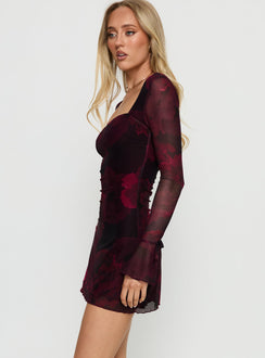Dalzine Long Sleeve Mini Dress Burgundy Floral