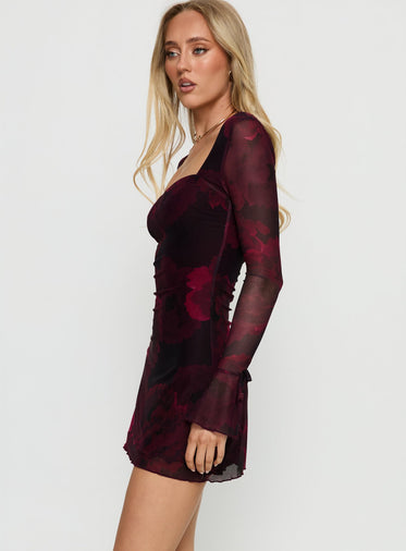 Dalzine Long Sleeve Mini Dress Burgundy Floral