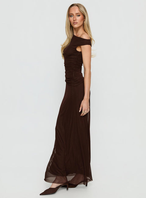 Krystyna Off Shoulder Ruched Maxi Dress Chocolate | Princess Polly Krystyna Off Shoulder Ruched Maxi Dress Chocolate | Princess Polly