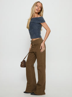 side view of model wearing Princess Polly Thrill Ride Mid Rise Corduroy Flare Jeans Washed Brown Mid Rise Jeans 