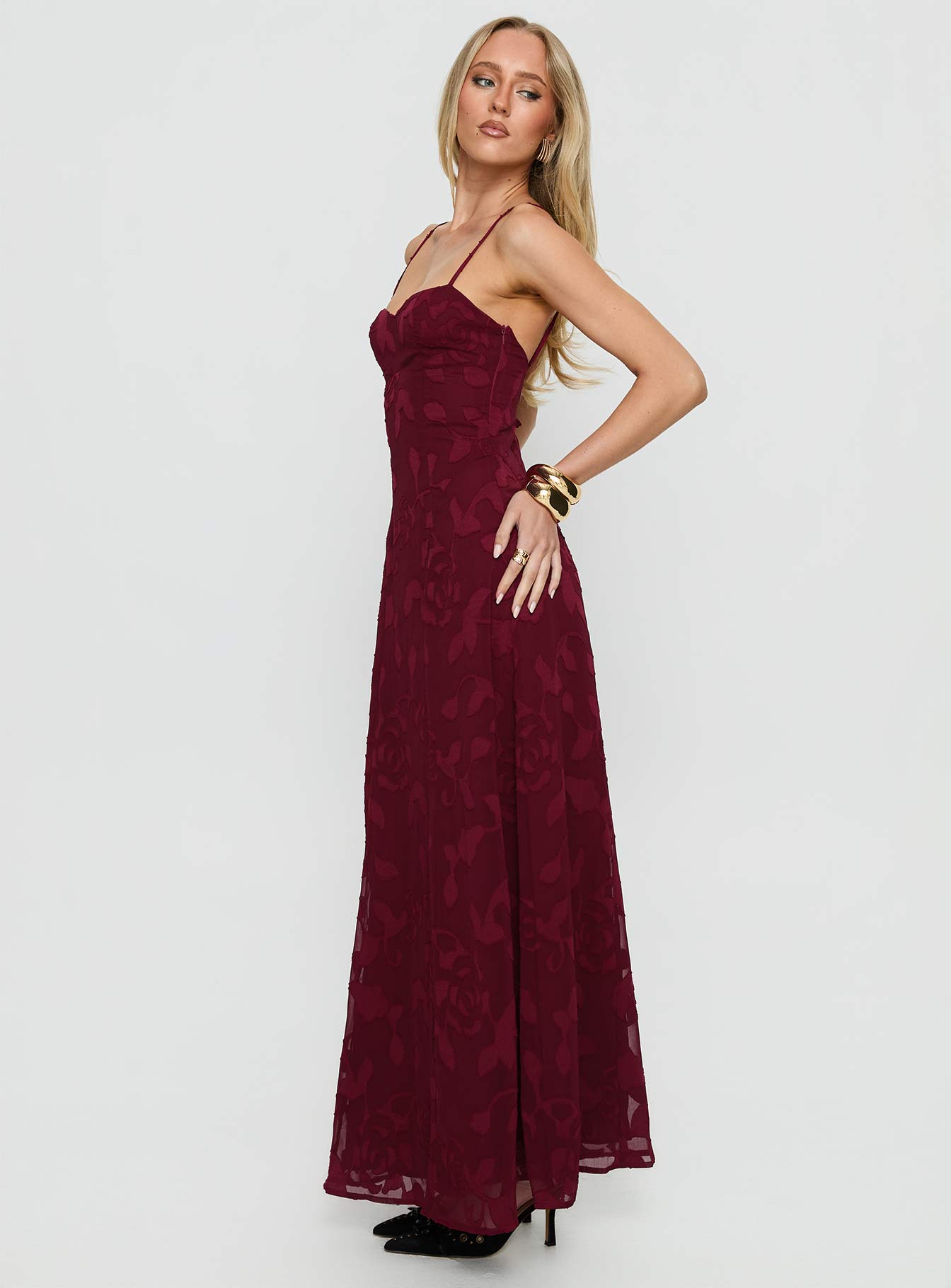 garden of romance burgundy floral burnout strapless maxi dress Lulus Burgundy Floral Maxi Dress