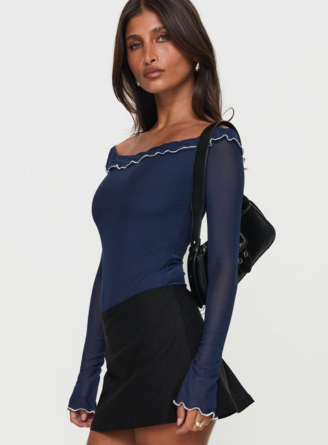 side view of model wearing Princess Polly Arsema Off The Shoulder Bodysuit Navy Full Sleeves 