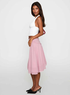   side view of model wearing Princess Polly Evanescence Asymmetrical Midi Skirt Pastel Pink Midi Skirts 