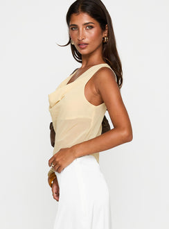 side view of model wearing Princess Polly Pretty Little Fears Cowl Neck Top Beige Sleeveless Cowl 