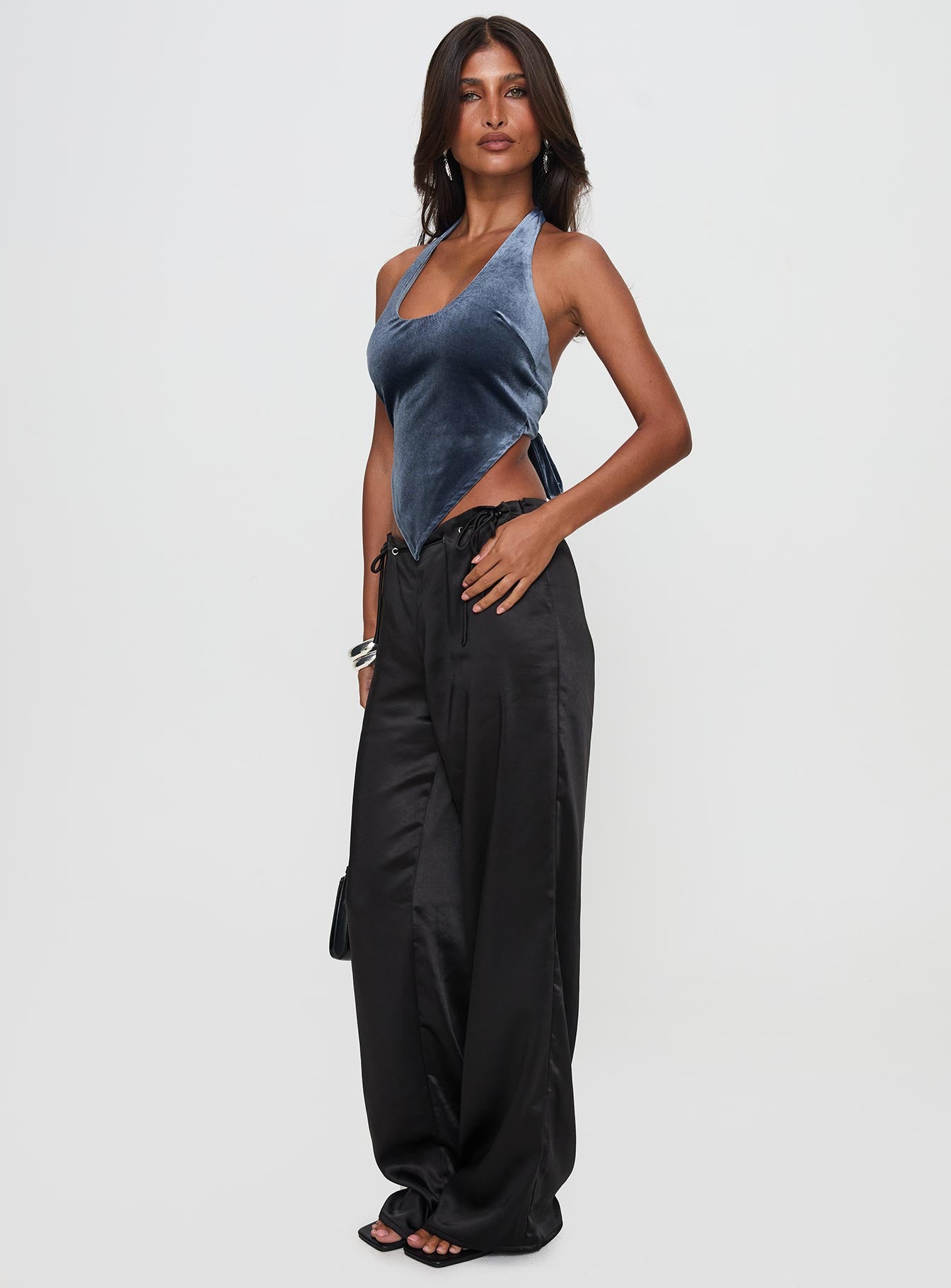 side view of model wearing Princess Polly Thrill Of It All Pant Black High Waisted Pants 