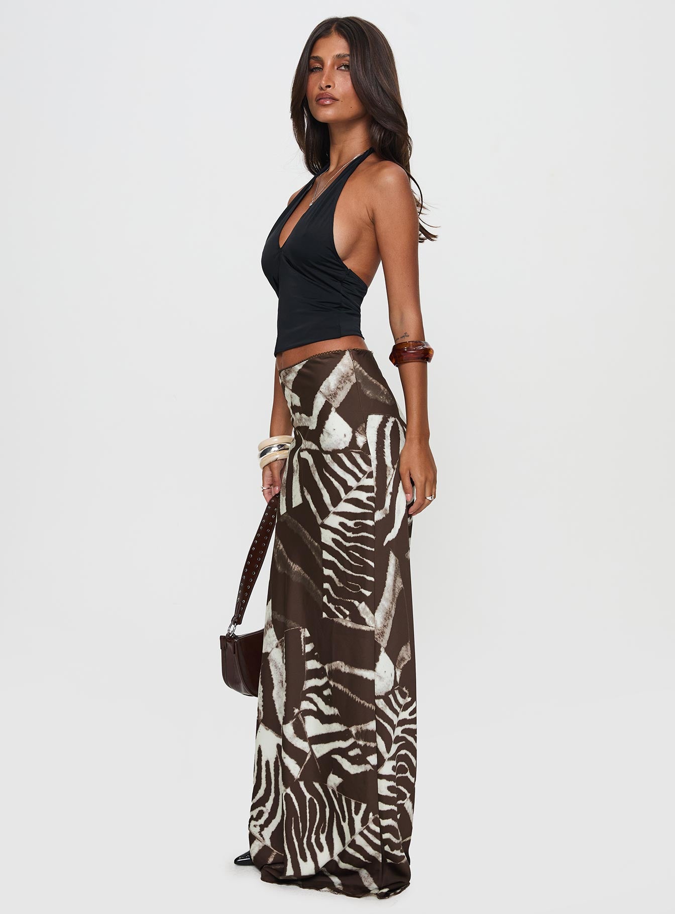   side view of model wearing Princess Polly Rowana Maxi Skirt Multi Maxi 