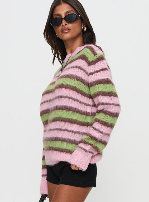 side view of model wearing Princess Polly Maysie Crew Neck Knit Sweater Green / Pink Long 