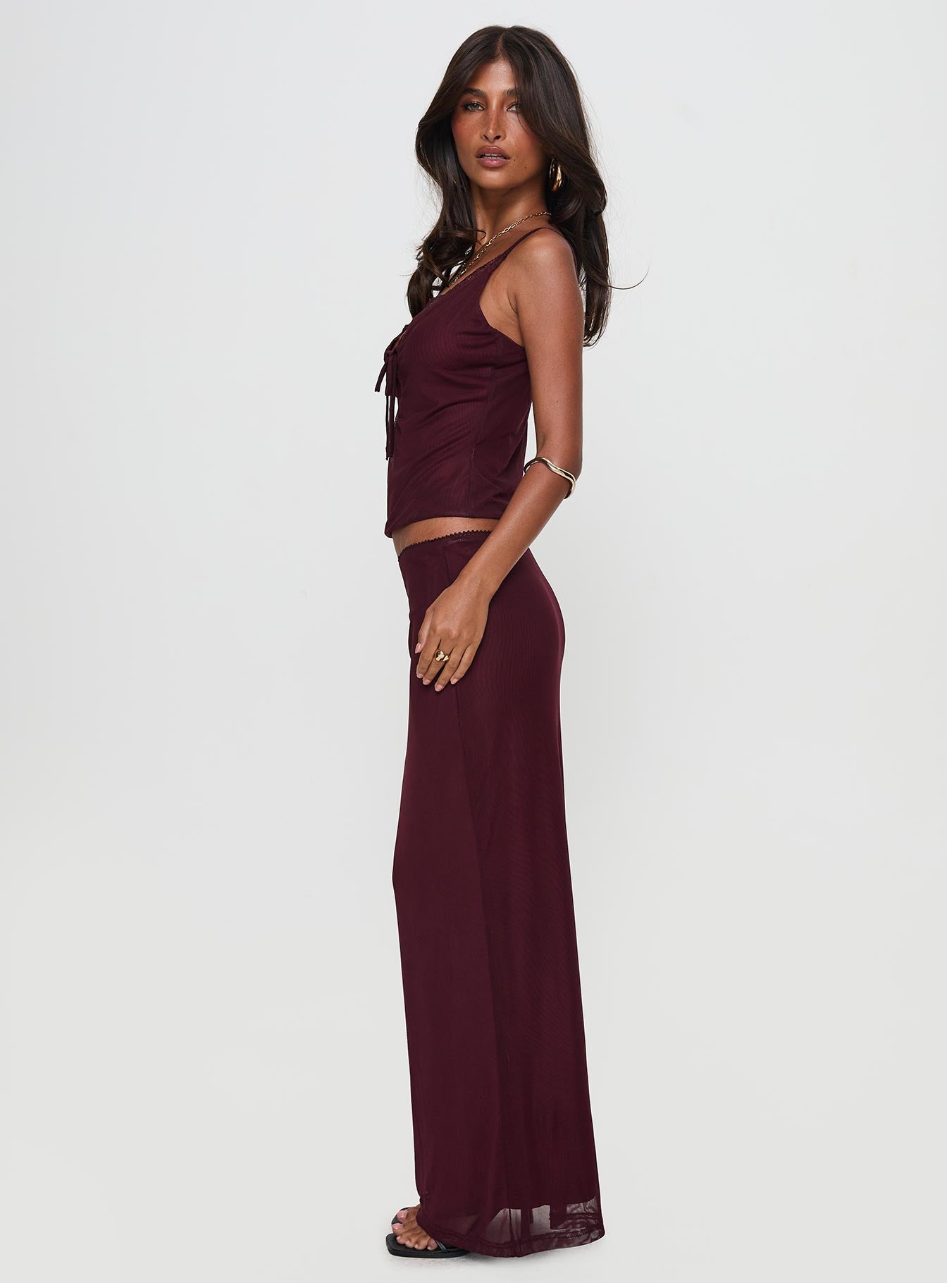 Reiko Lace Trim Tie Front Maxi Set Burgundy | Princess Polly