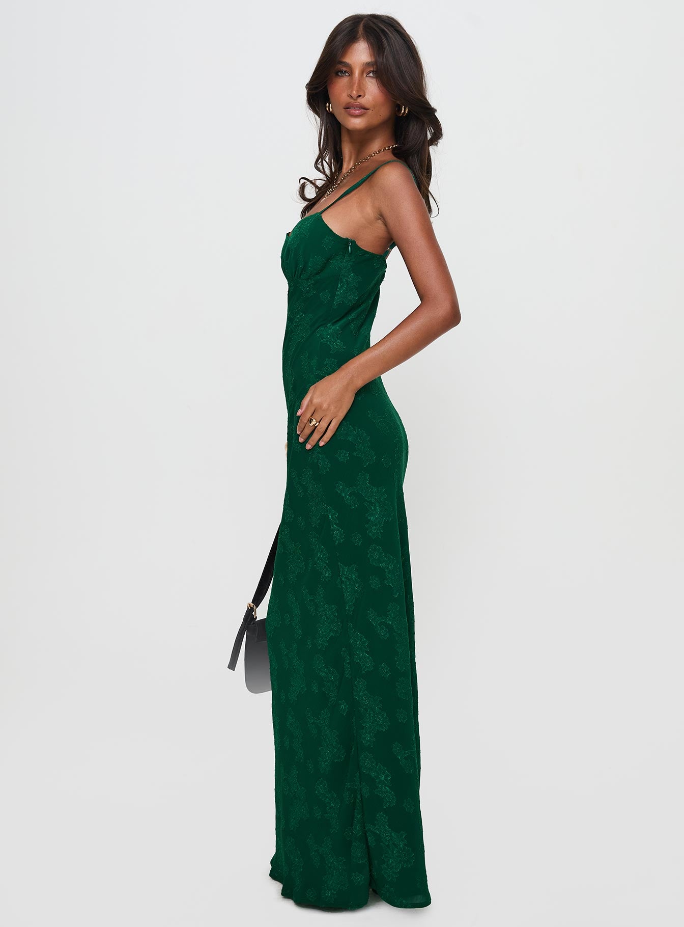 side view of model wearing Princess Polly Ginette Maxi Dress Forest Green Sweetheart Neckline 