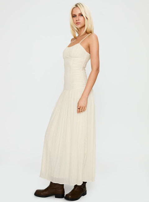 side view of model wearing Princess Polly Quinley Shirred Maxi Dress Cream Scoop Neck 