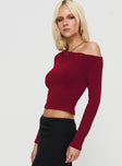 side view of model wearing Princess Polly Malian Long Sleeve Top Burgundy Full Sleeves Asymmetric Neckline 