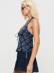 side view of model wearing Princess Polly Amalthea Top Blue Check Sleeveless Plunger 