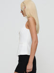 side view of model wearing Princess Polly Theodosia Top White Sleeveless Crew Neck 