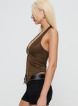 side view of model wearing Princess Polly Moderna Halter Lace Top Brown Sleeveless Plunger 