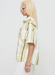 side view of model wearing Princess Polly Karyn Top White / Yellow Stripe Half Sleeves High Neck 