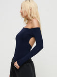 side view of model wearing Princess Polly Caylum One Shoulder Bodysuit Navy Full Sleeves 