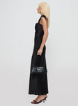 side view of model wearing Princess Polly Azura Off The Shoulder Maxi Dress Black Square Neck 