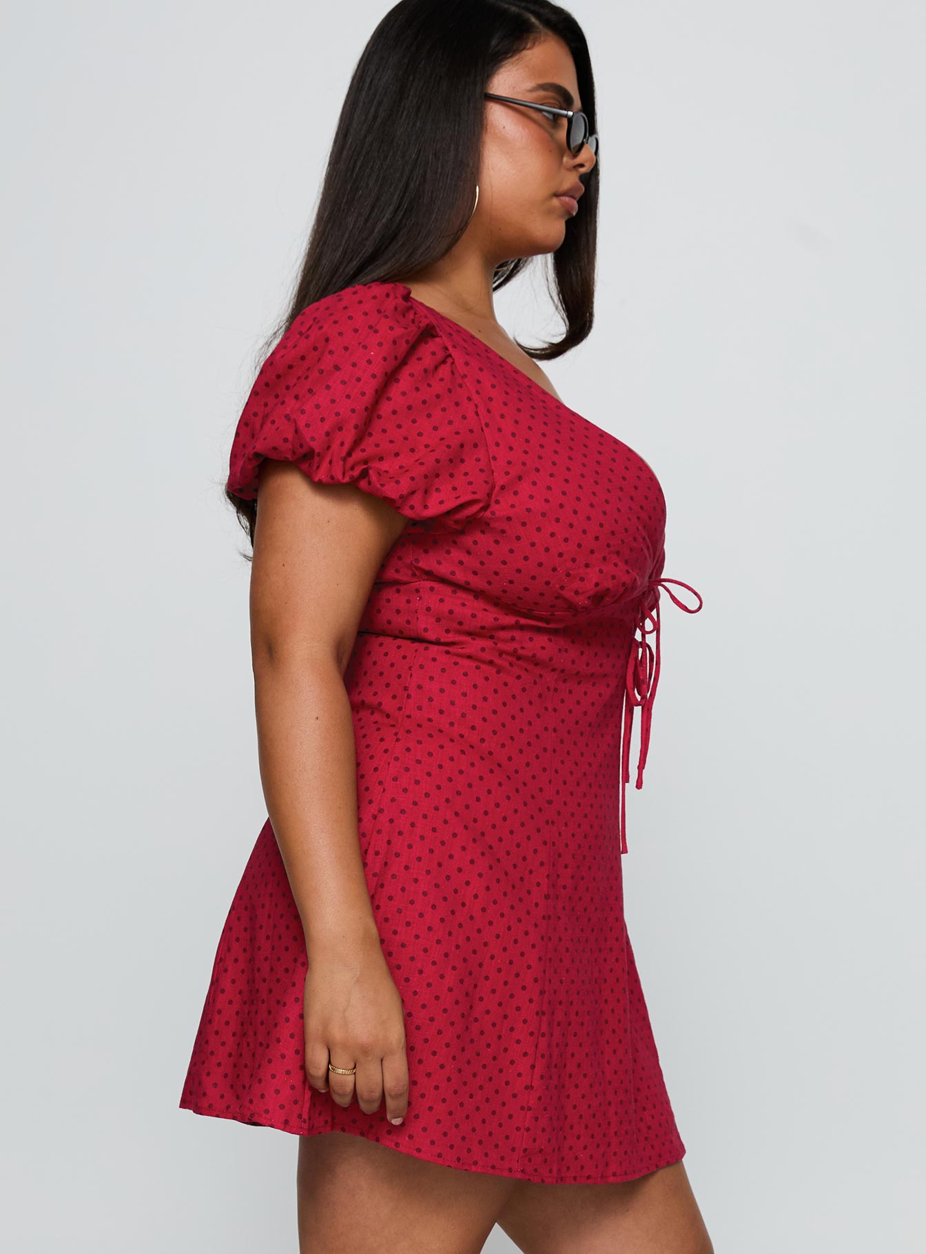 Beloved Puff Sleeve Linen Blend Mini Dress Red Polka Curve | Princess Polly Beloved Puff Sleeve Linen Blend Mini Dress Red Polka Curve | Princess Polly