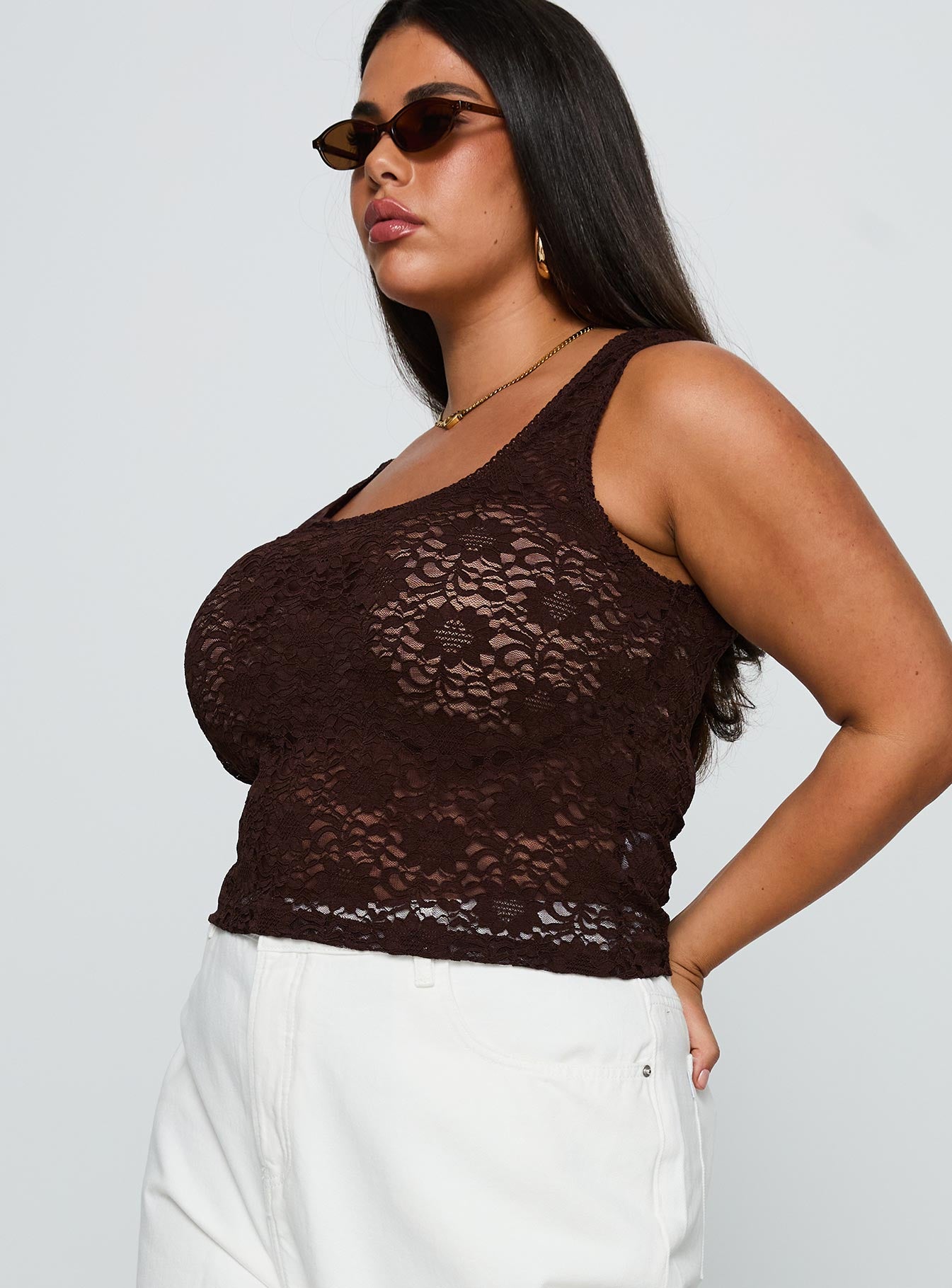 side view of model wearing Princess Polly Bennington Lace Top Brown Curve Sleeveless Square Neck 