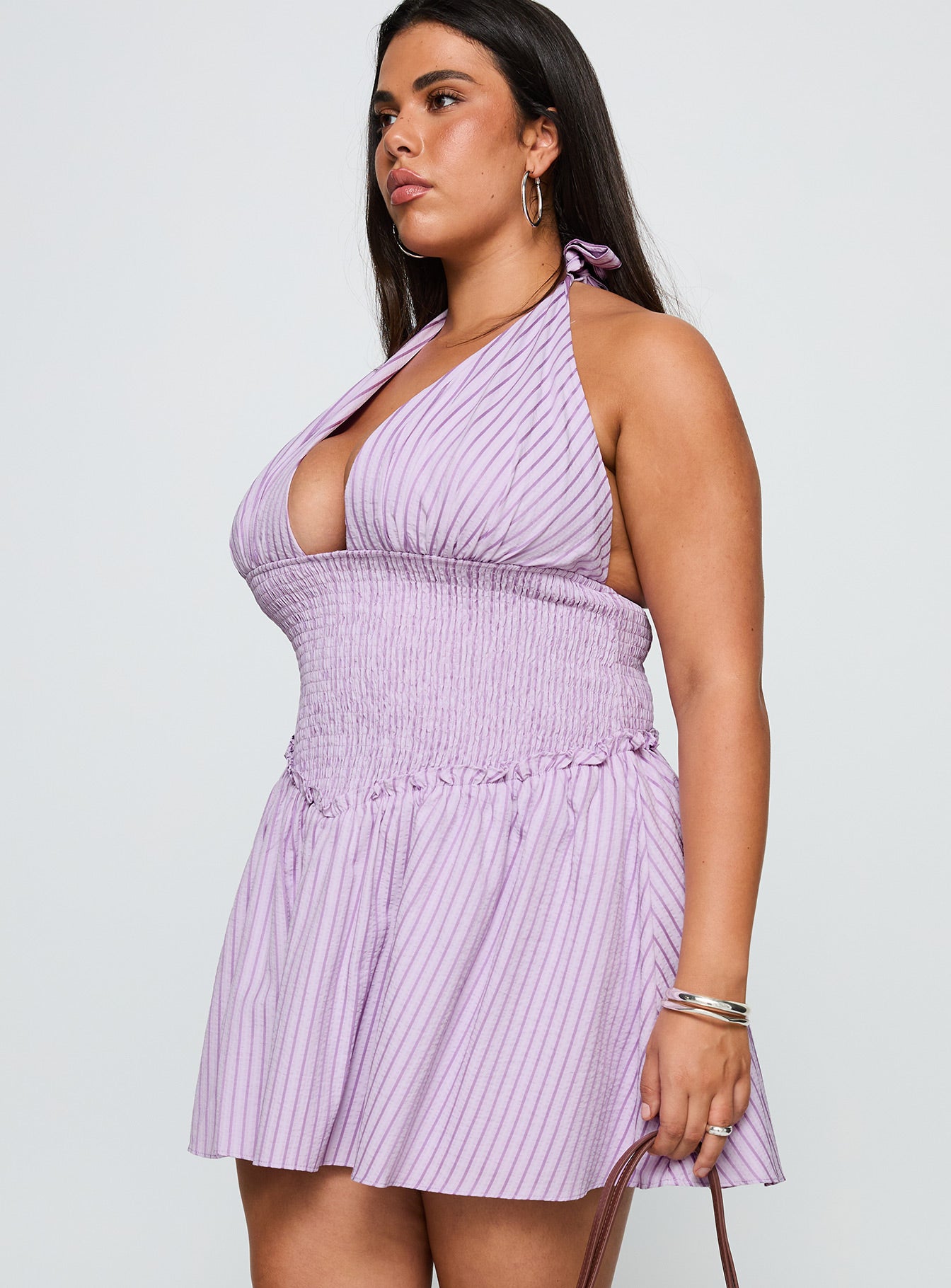 Attracted Halter Mini Dress Purple Stripe Curve | Princess Polly Attracted Halter Mini Dress Purple Stripe Curve | Princess Polly