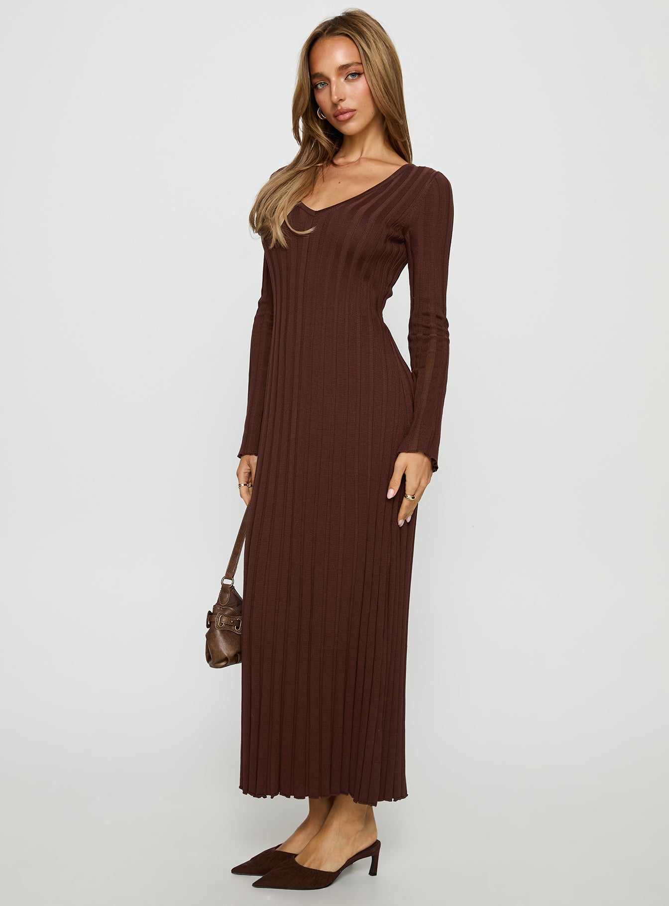 Gratuita Long Sleeve Rib Maxi Dress | Chocolate | Womens | Princess Polly Lower Impact Gratuita Long Sleeve Rib Maxi Dress | Chocolate | Womens | Princess Polly Lower Impact