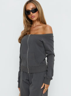 side view of model wearing Princess Polly Airazo Off Shoulder Zip Through Jumper Grey 