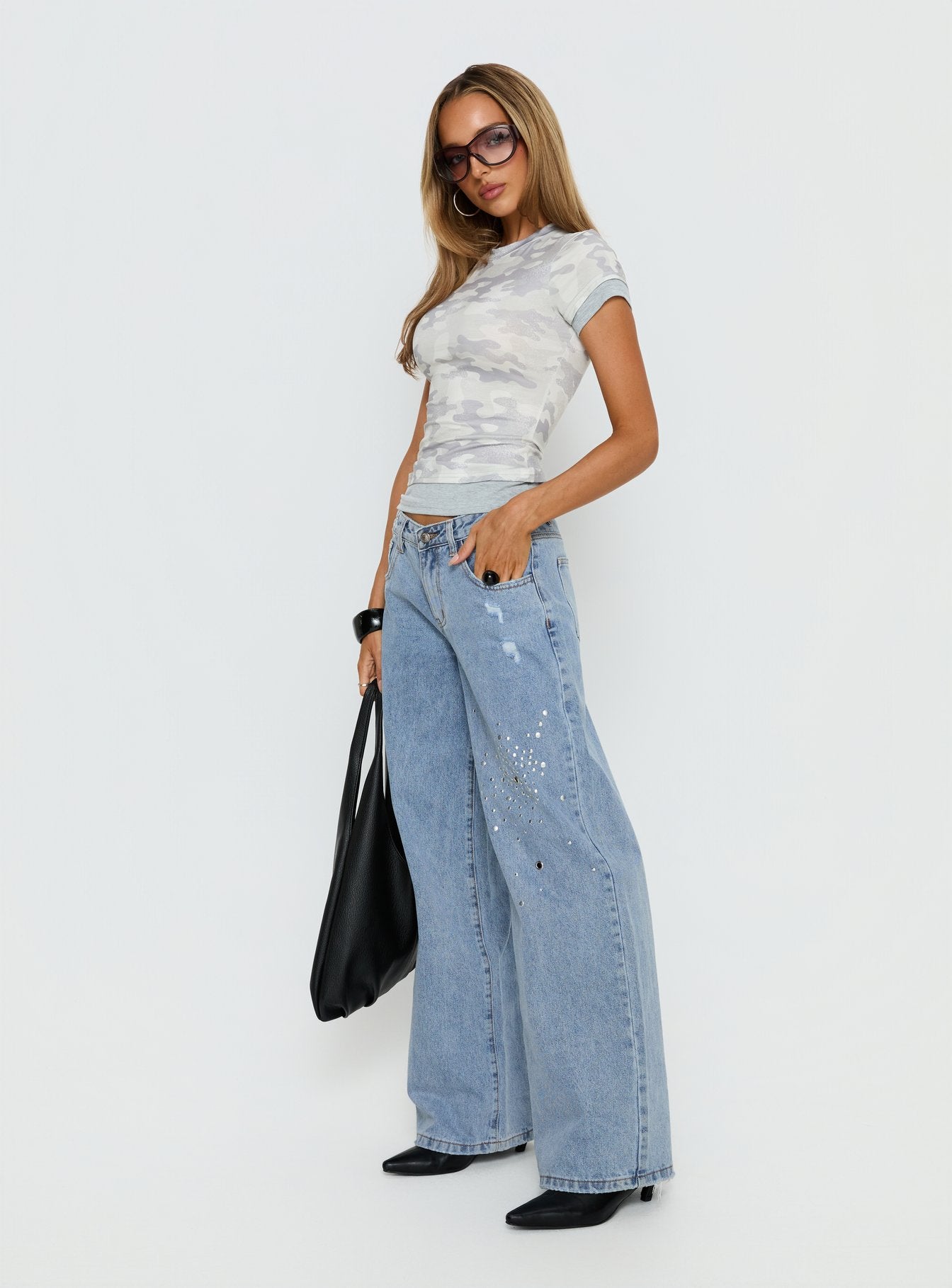 Candi Mid Rise Wide Leg Studded Jeans Light Blue Wash | Princess Polly