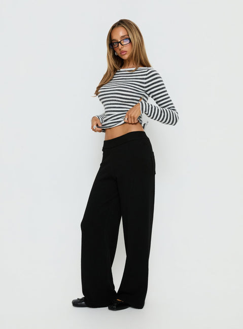 side view of model wearing Princess Polly Bekki Wide Leg Knit Pant Black High Rise Pants 