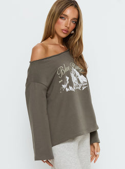 side view of model wearing Princess Polly Blue Ridge Mountains Off Shoulder Graphic Sweater Grey 
