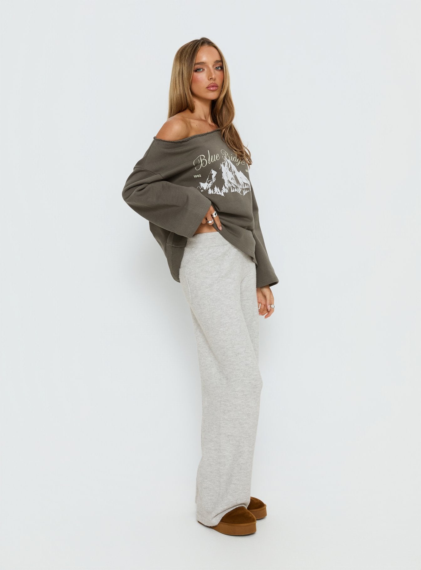 side view of model wearing Princess Polly Bekki Wide Leg Knit Pant Grey Marle High Rise Pants 