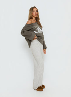 side view of model wearing Princess Polly Bekki Wide Leg Knit Pant Grey Marle High Rise Pants 
