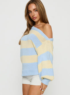 side view of model wearing Princess Polly Alvena Off Shoulder Knit Sweater Blue stripe Cropped Jumpers 