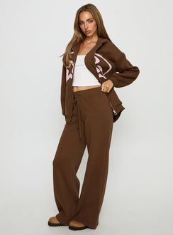 side view of model wearing Princess Polly Princess Polly Stargirl Wide Leg Sweat Pants Brown High Rise Pants 