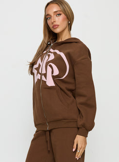 side view of model wearing Princess Polly Princess Polly Stargirl Zip Through Jumper Brown Longline Jumpers 