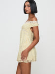 side view of model wearing Princess Polly Bonnin Off The Shoulder Lace Mini Dress Yellow 