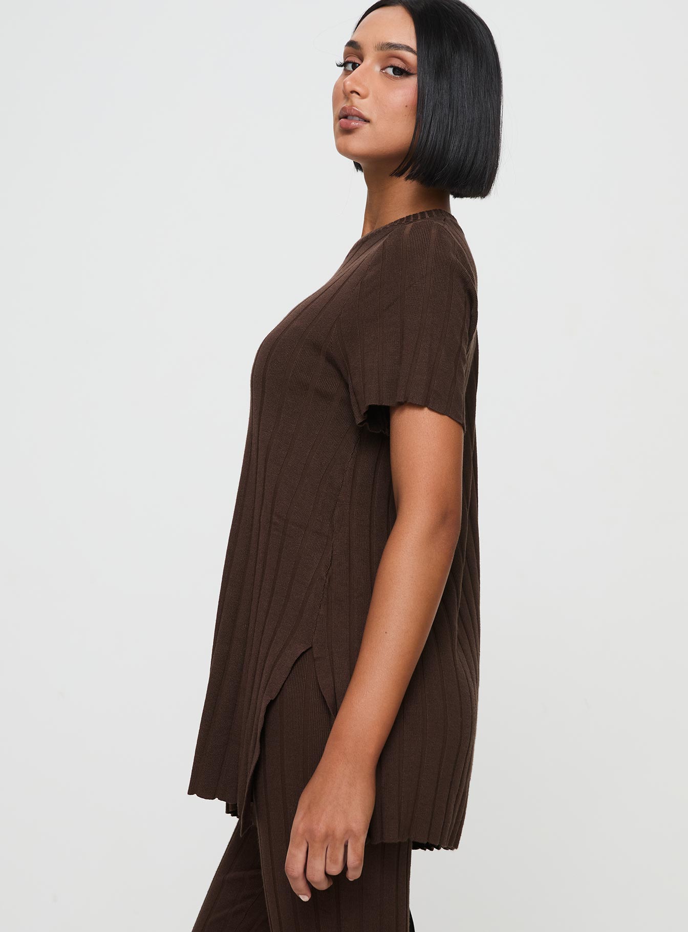 side view of model wearing Princess Polly Niah Ribbed Top Chocolate Short Sleeves Crew Neck 