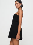 side view of model wearing Princess Polly Rummy Mini Dress Black Sweetheart Neckline 