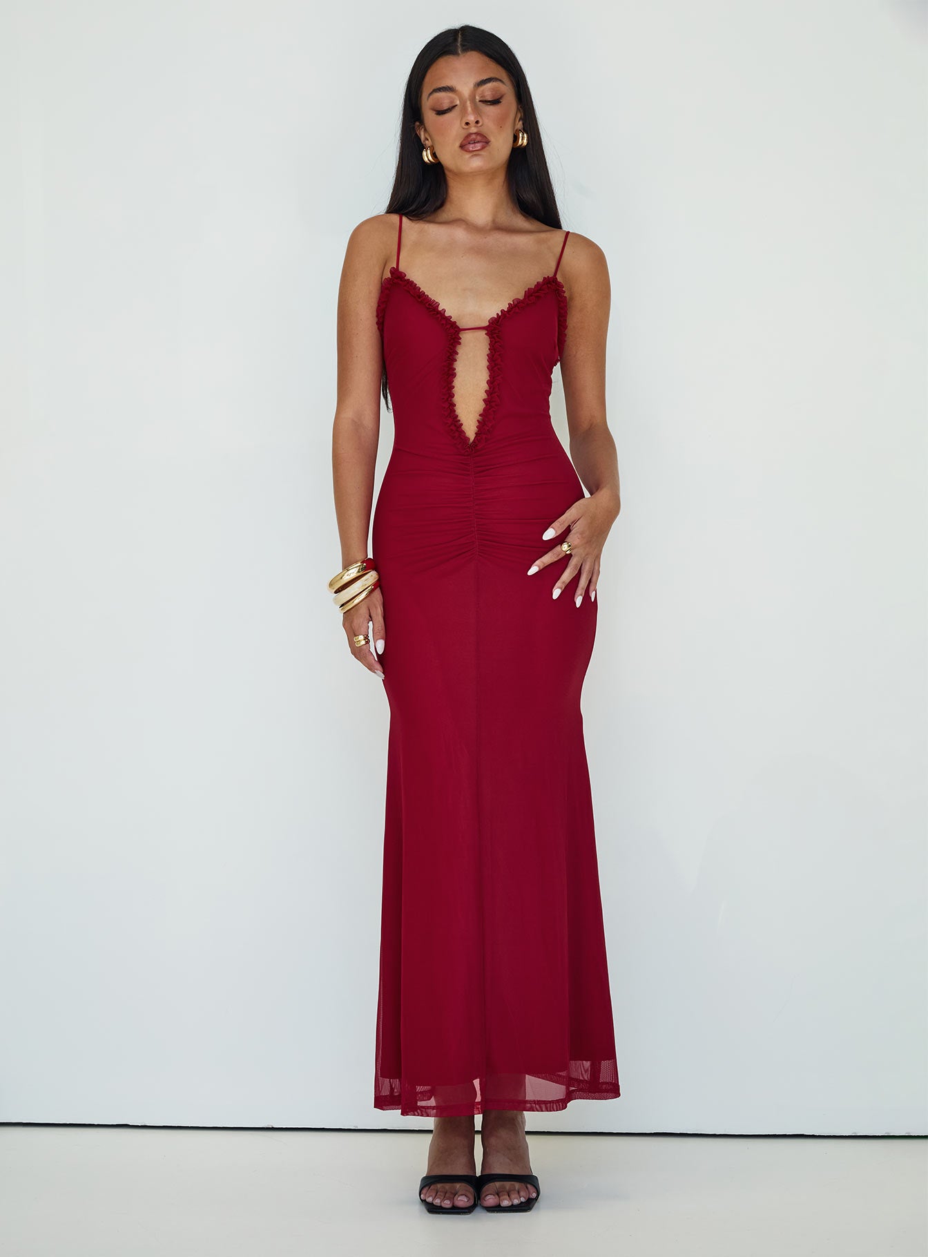 front view of model wearing Princess Polly Capisce Maxi Dress Red Petite Sweetheart Neckline 