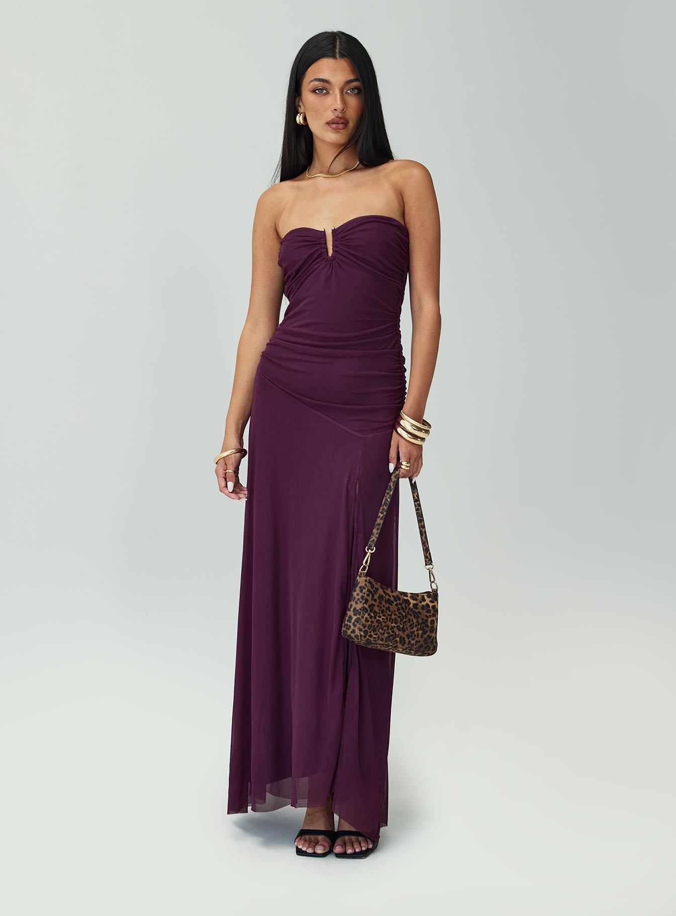 side view of model wearing Princess Polly Barbarella Strapless Maxi Dress Purple Sweetheart Neckline 