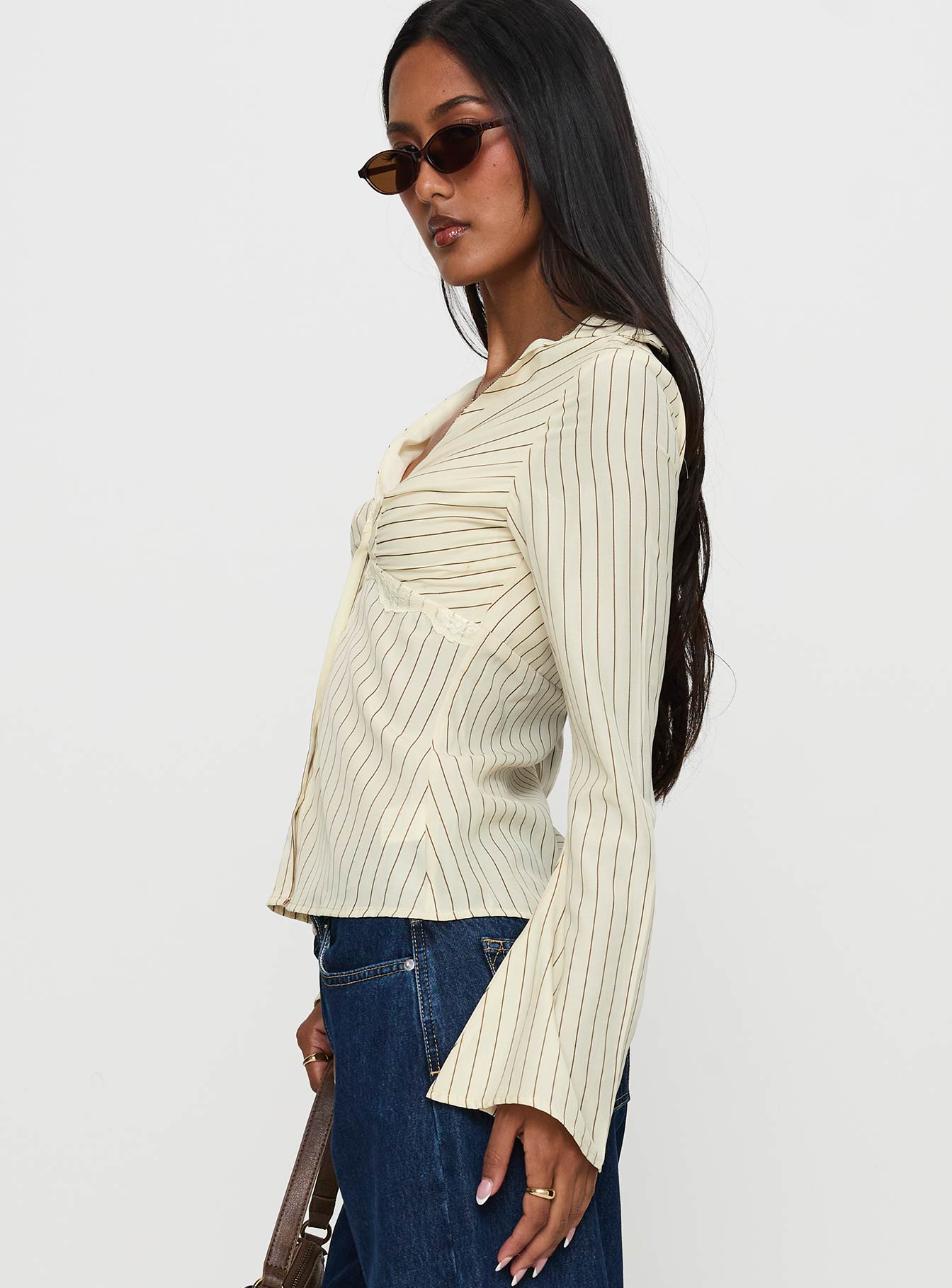 Life Begins Long Sleeve Lace Trim Top Cream Stripe | Princess Polly