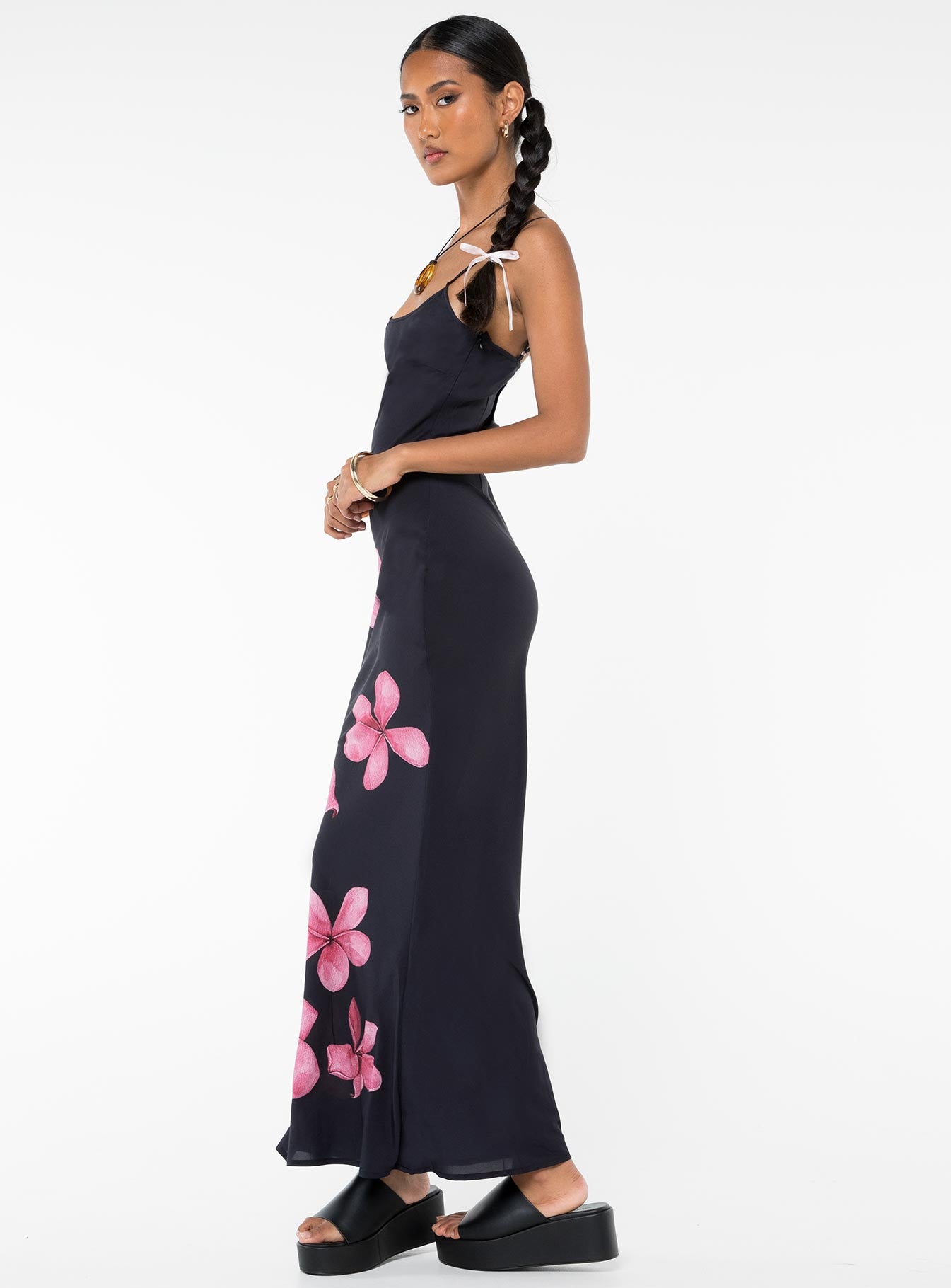 side view of model wearing Princess Polly Katrine Flower Maxi Dress Black Scoop Neck 
