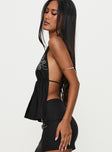 Quotation Diamante Halter Backless Top Black