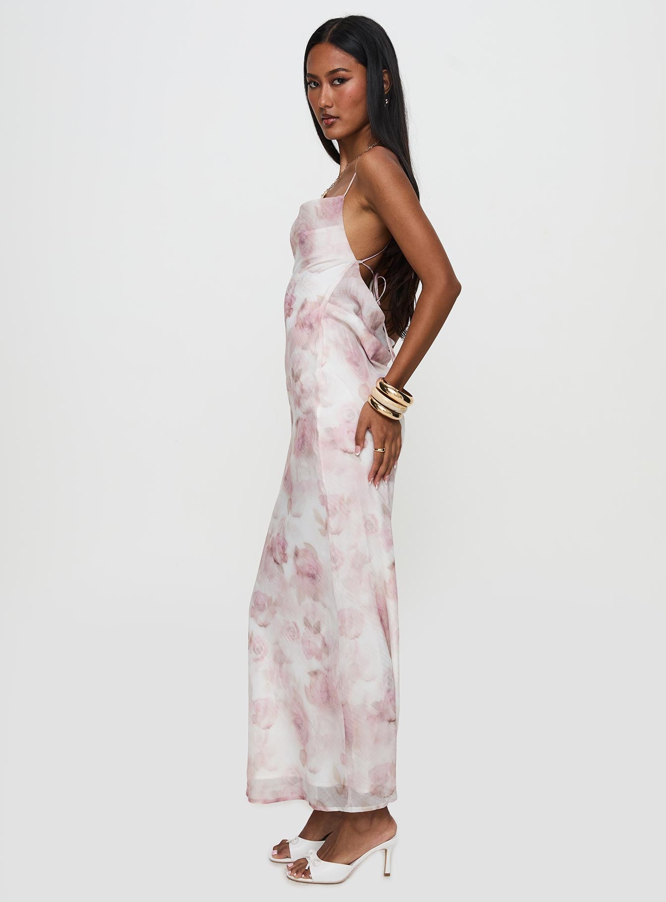 side view of model wearing Princess Polly Kalyssa Maxi Dress Multi Floral Cowl Neck 